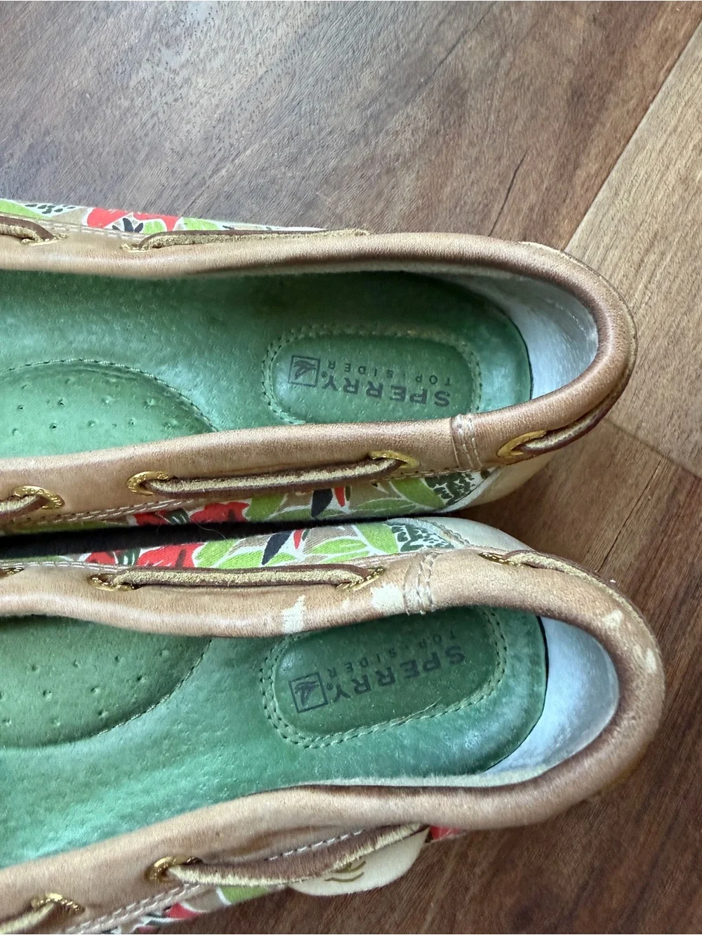 Sperry Tan Leather Boat Shoes with Floral Side Panel